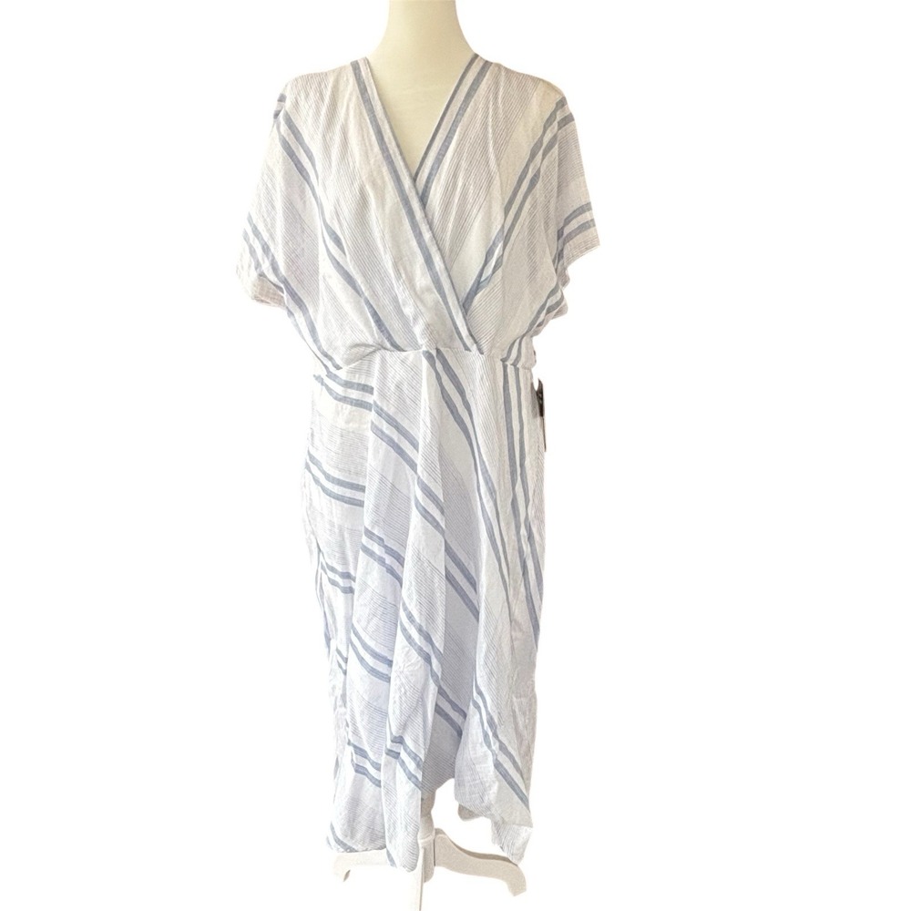 Sandra Darren Blue White Cotton Maxi Dress Womens 14W Deep V Neckline Asymmetric